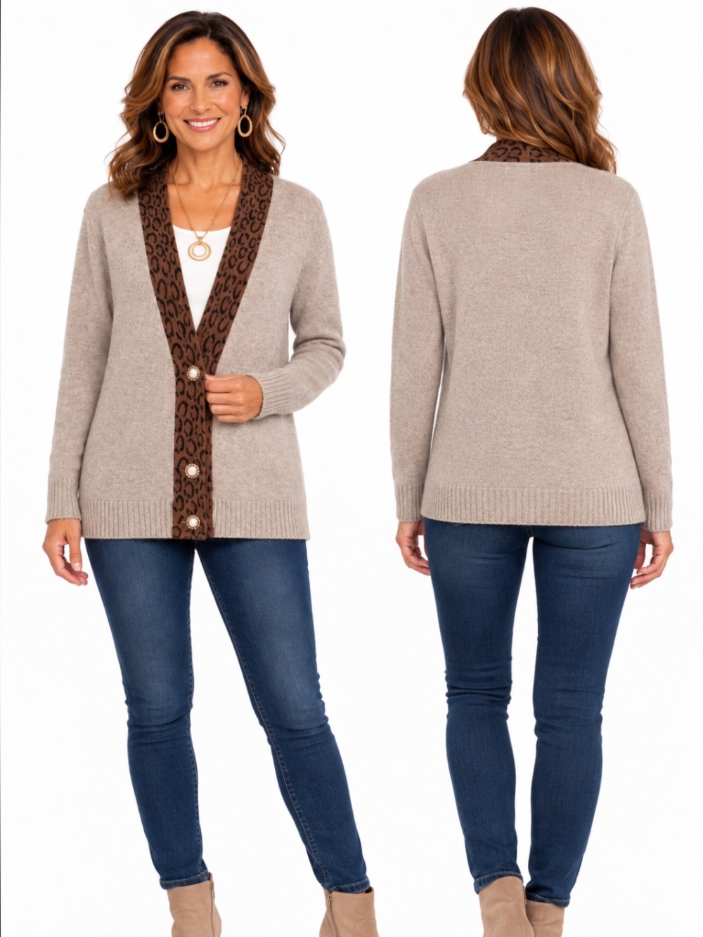 MADE WITH LOVE ❤️Cozy Taupe Open-Front Cardigan with Leopard Trim Size Large 💥🆕💥